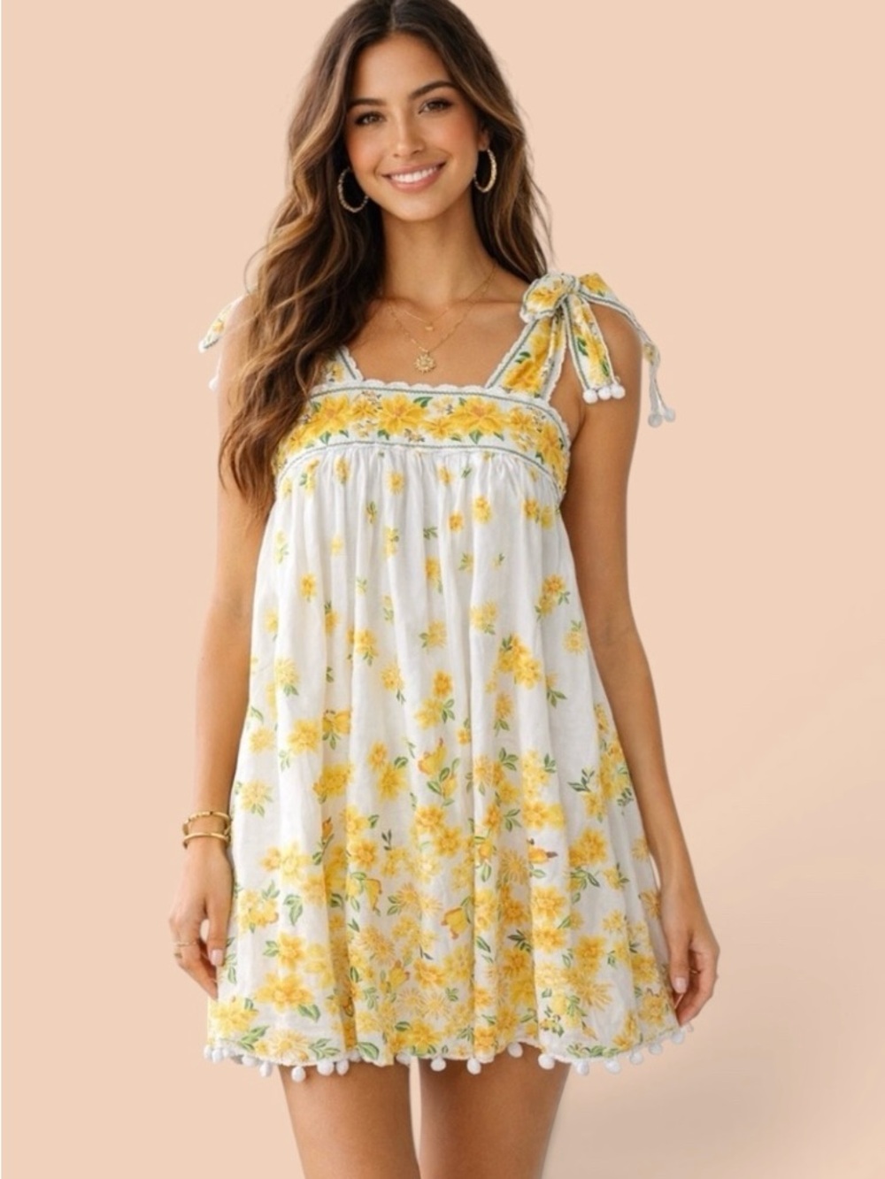 FARM Rio 100% Cotton Azaleia Yellow Floral Tie Straps Mini Dress Size Large